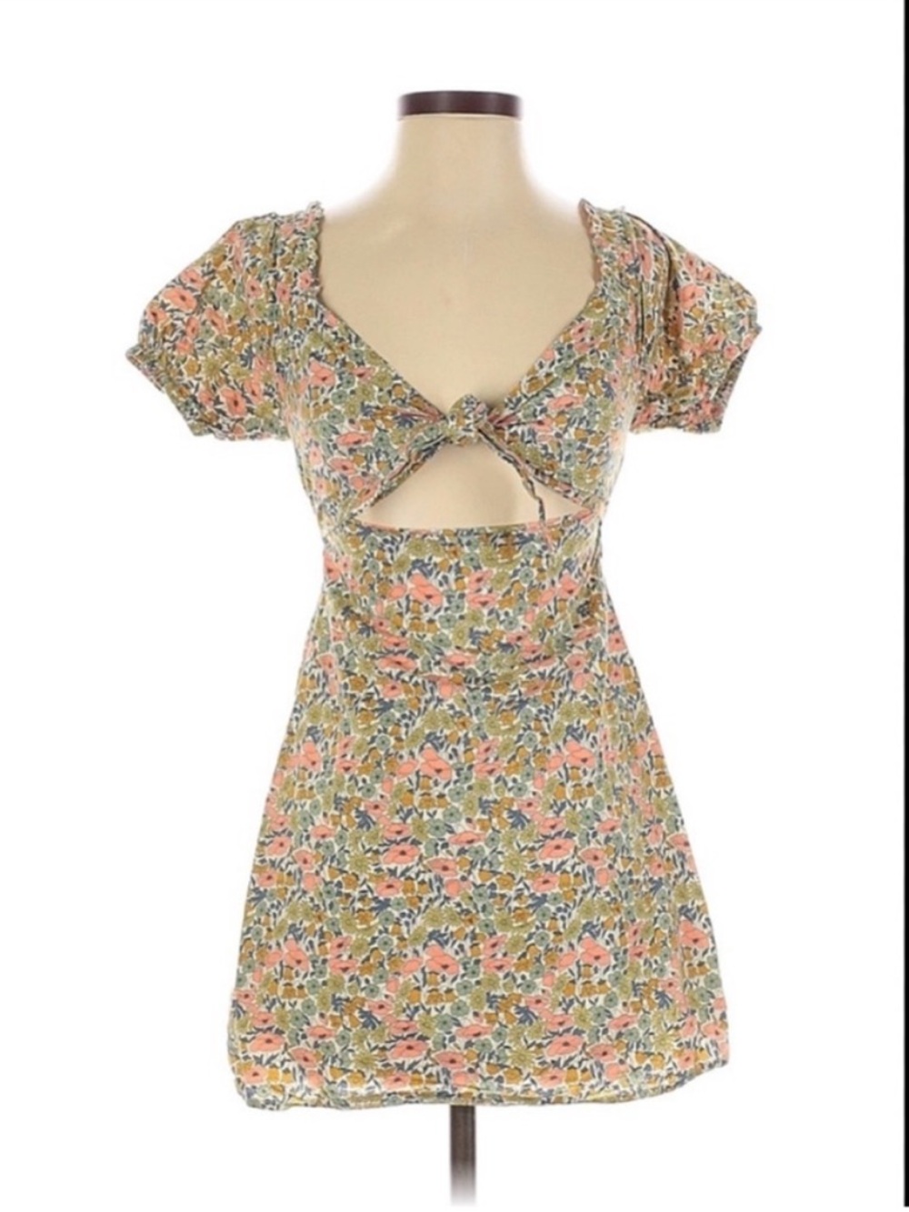 Floral Tie-Front Mini Dress in Coral and Olive | Size Medium